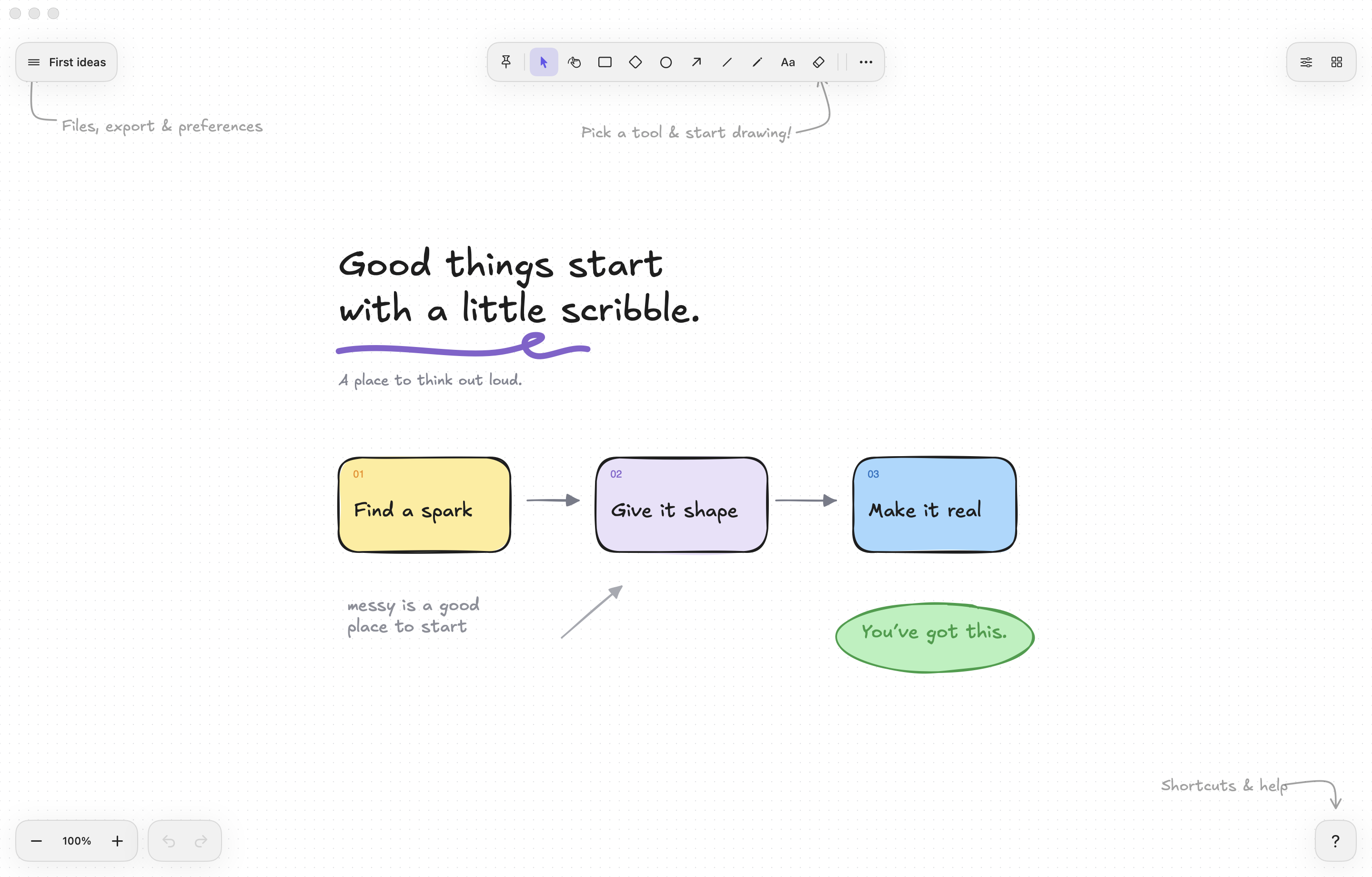 Skrible’s native Mac window showing “Good things start with a little scribble” above three connected shapes labeled “Find a spark,” “Give it shape,” and “Make it real,” with handwritten tips around the drawing tools.