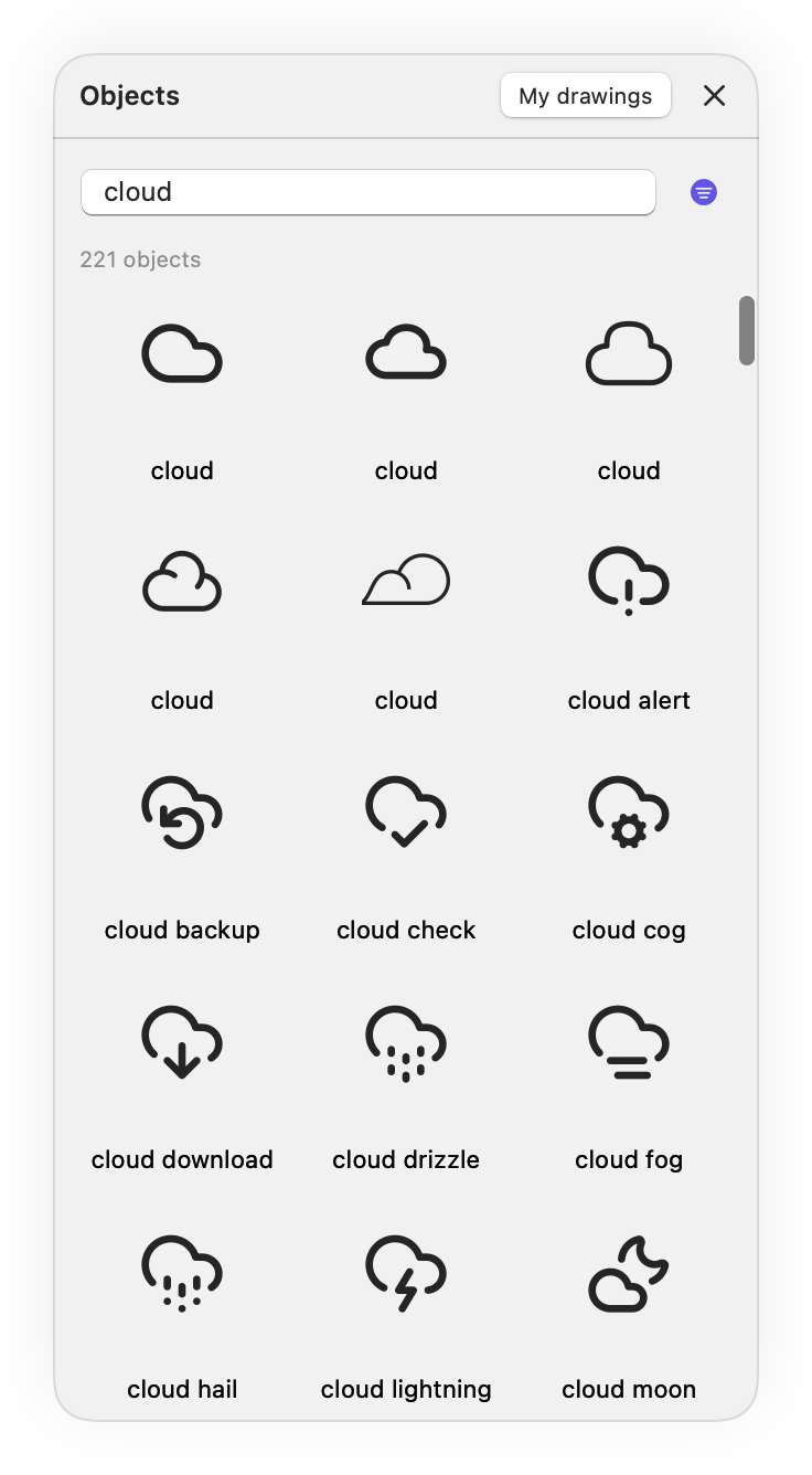 The Objects browser showing a search for cloud icons, including cloud, cloud alert, cloud backup, and cloud check.
