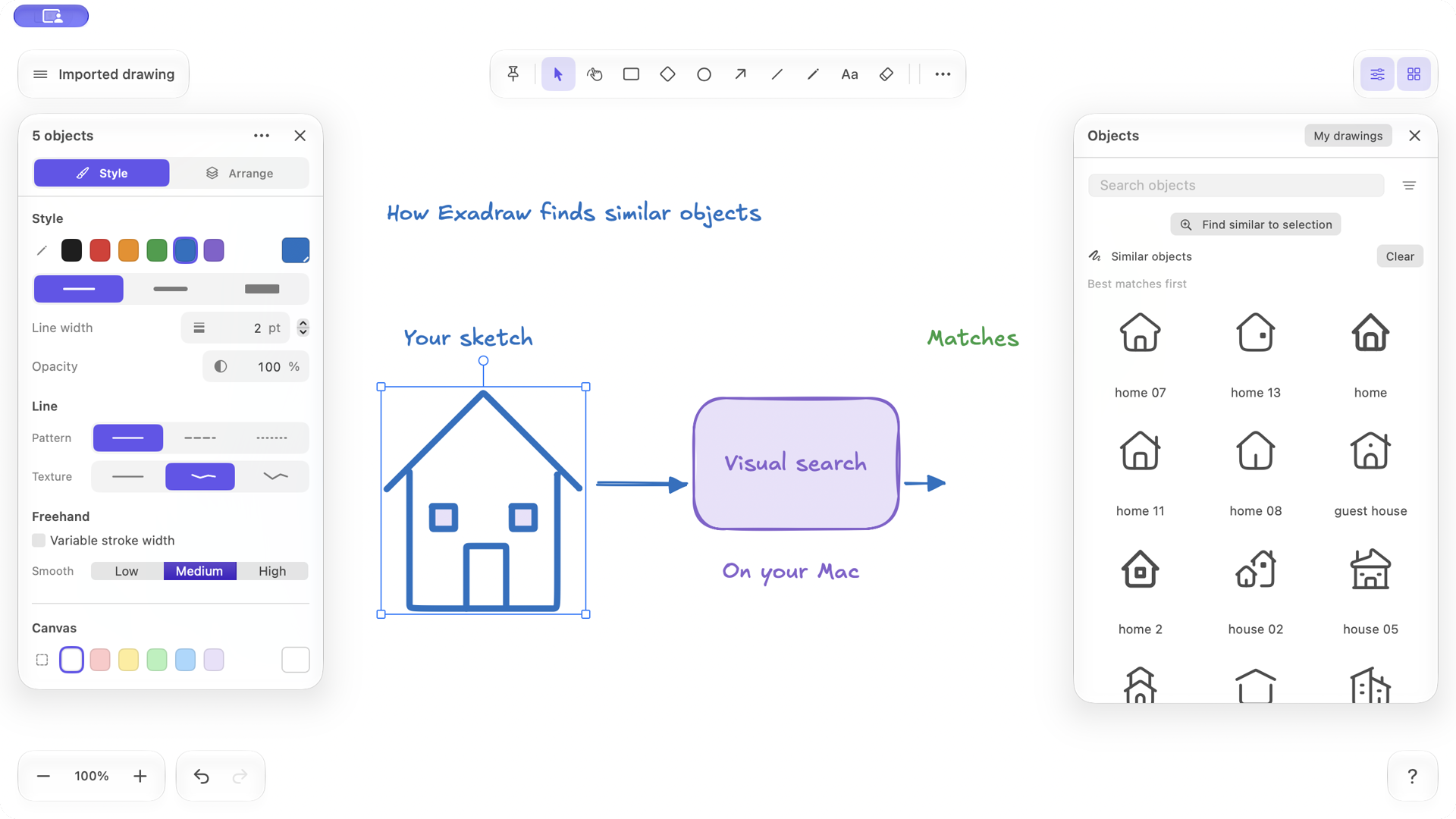 A selected house sketch connected to a violet Visual search box, beside the Objects browser showing visually similar house icons.