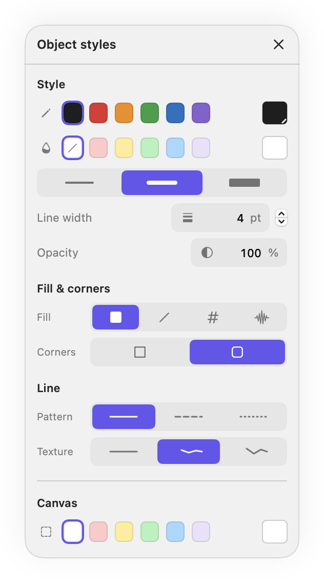 The Object styles panel with stroke and fill colors, line width, opacity, fill patterns, rounded corners, line styles, texture, and canvas colors.